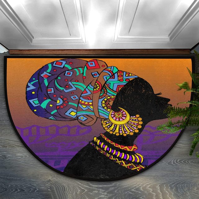 Bathroom Rugs African Woman Half Round Door Mat, Ethnic Girl Half