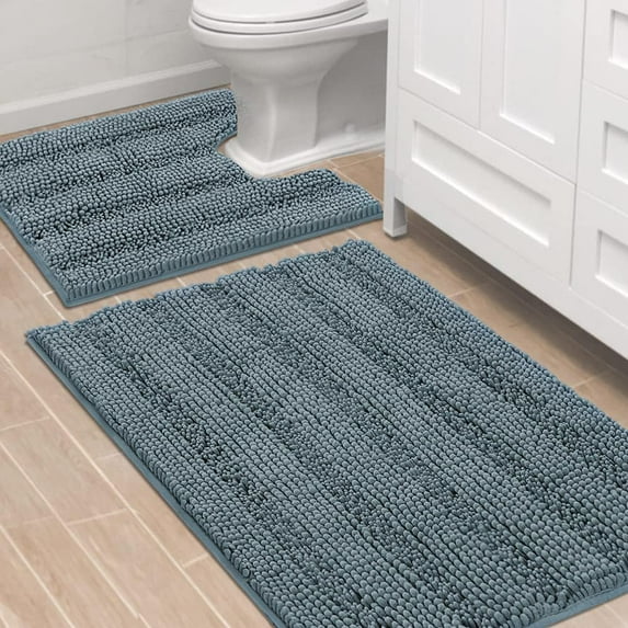 Bathroom Rugs Bath Rug Set 2 Piece Bathroom Contour Rug Toilet Mat Sets Non Slip Contour Bath Rug Ultra Thick Water Absorbent Striped Bath Mats(36" x 24" Plus 20" x 24" U, Stone Blue)