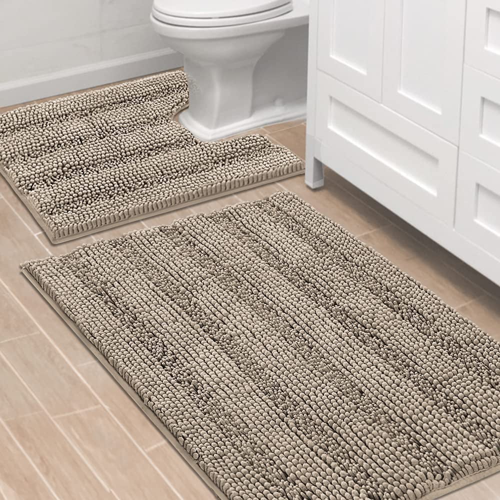 Bathroom Rugs Bath Rug Set 2 Piece Bathroom Contour Rug Toilet Mat Sets Non Slip Contour Bath Rug Ultra Thick Water Absorbent Striped Bath Mats Washable(36" x 24" Plus 20" x 24" U, Taupe)