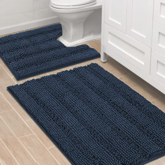 Bathroom Rugs Bath Rug Set 2 Piece Bathroom Contour Rug Toilet Mat Sets Non Slip Contour Bath Rug Ultra Thick Water Absorbent Striped Bath Mats Washable(36" x 24" Plus 20" x 24" U, Navy)