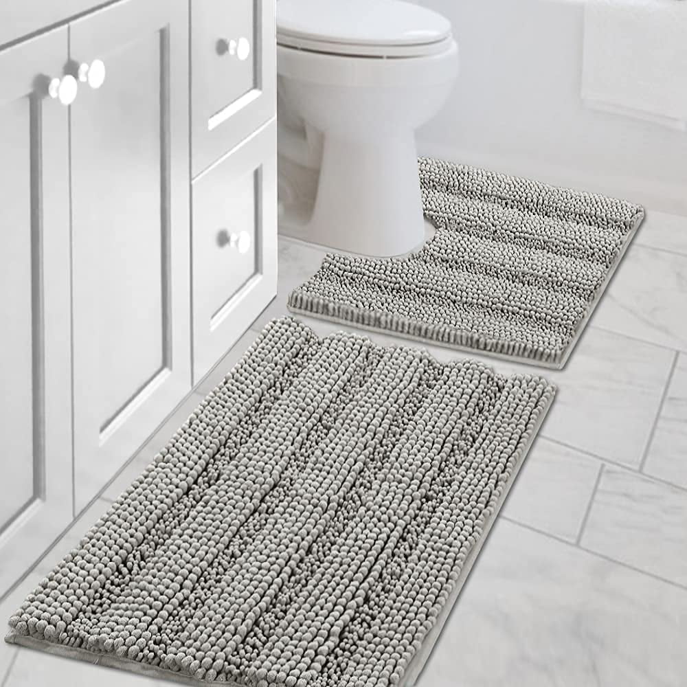 Bathroom Rugs Bath Rug Set 2 Piece Bathroom Contour Rug Toilet Mat Sets Non Slip Contour Bath Rug Ultra Thick Water Absorbent Striped Bath Mats Washable(20" x 32" Plus 20" x 20" U, Dove)