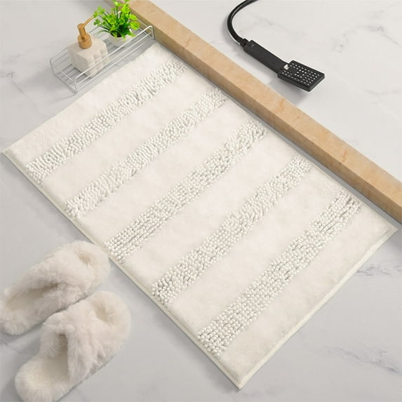 Bathroom Rugs Bath Rugs for Bathroom Non Slip Bath Mats Extra Thick Chenille Striped Rug 17" x 24" Absorbent Soft Shaggy Washable Dry Fast Bath Mats for Bathroom Floor - Cream