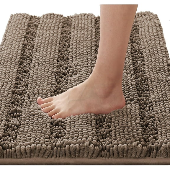Bathroom Rugs Bath Rugs for Bathroom Non Slip Bath Mats Extra Thick Chenille Striped Rug 17" x 24" Absorbent Soft Shaggy Washable Dry Fast Bath Mats for Bathroom Floor - Taupe Brown