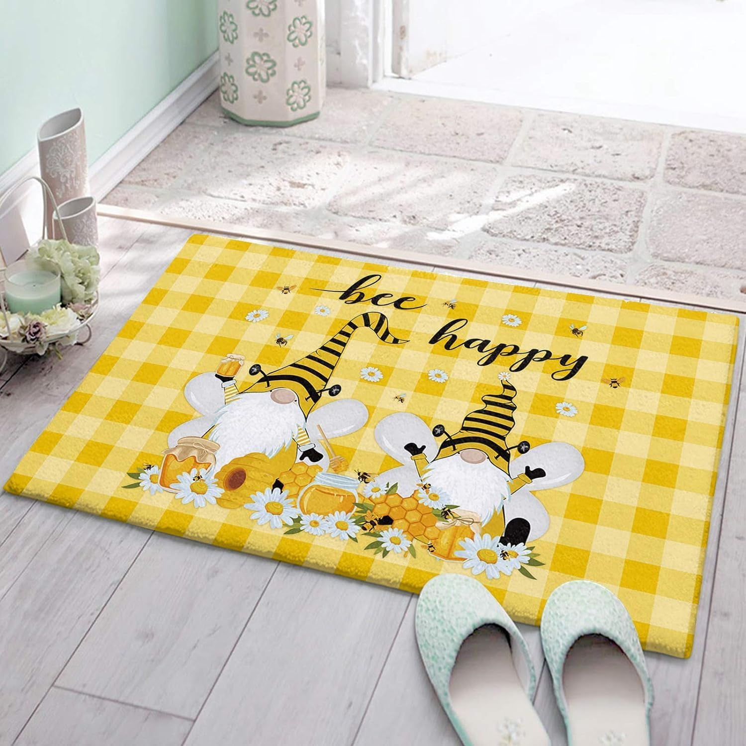 Bathroom Rugs Bee Honey Gnomes Daisy Flower on Yellow White Buffalo
