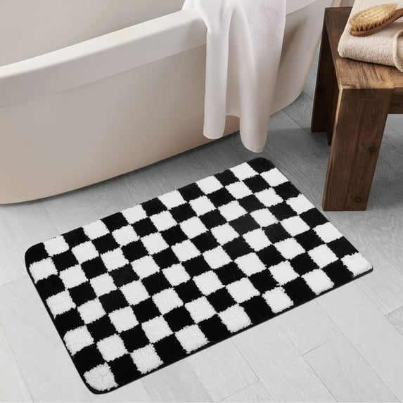 Bathroom Rugs Black and White Checkered Bath Mat Non Slip Water Absorbent Bath Rug Soft Microfiber Machine Washable Floor Mats for Tub Bathroom Indoor Doormat,20"x31"