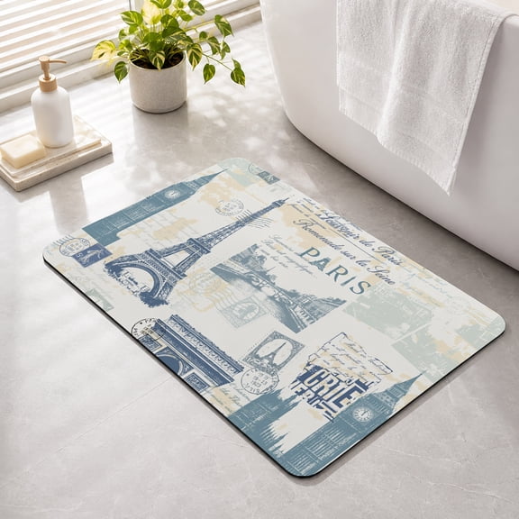 Bathroom Rugs Blue Eiffel Tower Bath Mat Absorbent Quick Dry Bathroom Floor Mat Non Slip Rubber France Paris Travel Landscape Bath Mats for Bathroom Bathtub Shower Sink Home Decor 24" x 36"