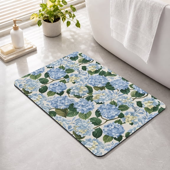 Bathroom Rugs Blue Hydrangea Floral Bath Mat Absorbent Quick Dry Bathroom Floor Mat Non Slip Rubber Watercolor Flowers Bath Mats for Bathroom Bathtub Shower Sink Home Decor 16" x 24"