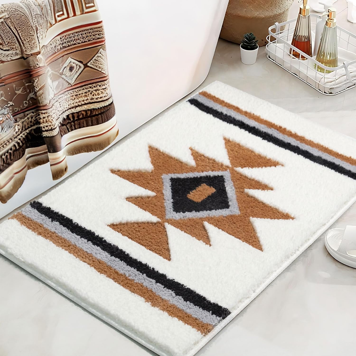 Bathroom Rugs Boho Black Bath Mat Non Slip Soft Absorbent Machine