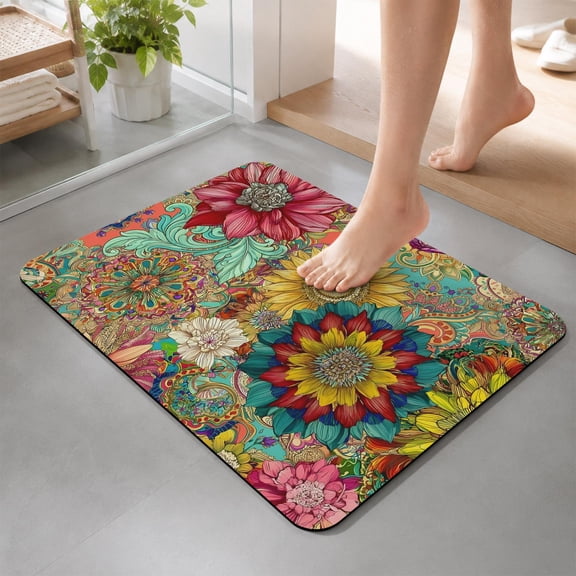 Bathroom Rugs Boho Paisley Swirls Bath Mat Absorbent Quick Dry Bathroom Floor Mat Non Slip Rubber Vibrant Bohemian Sunflowers Bath Mats for Bathroom Bathtub Shower Sink Home Decor 18" x 30"