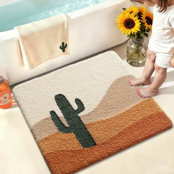 Bathroom Rugs with Cactus Plant, Square Bathroom Mat, Ultra Soft, Absorbent Quick Dry, Non-Slip Washable Shower Rugs, Luxury Carpet for Shower Floor, Bathtub, Home Decor, 32"x32"