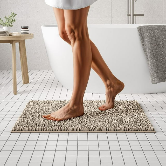 Mayshine Non Slip Microfiber Chenille Machine Washable Bath Mat for Bathroom, Beige, 20" x 32