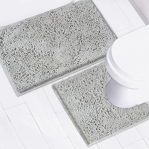 Bathroom Rugs Chenille Bath mat 2 Piece Set, Super Absorbent, Strong PVC Non Slip Backing, Bath mats for Bathroom, Plush Shaggy, Thick, Machine Washable, Bathtub, Toilet.(Light Grey)