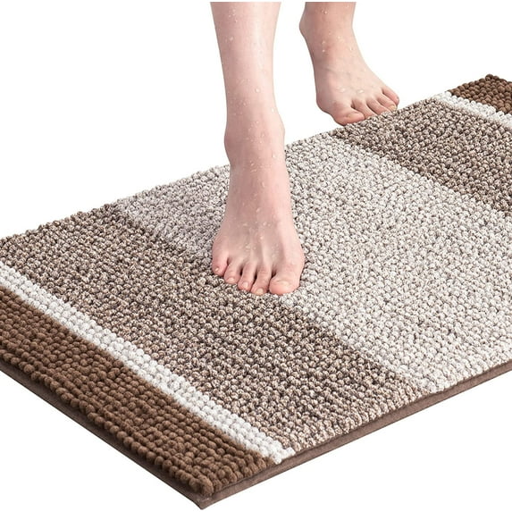 Bathroom Rugs Chenille Gradient Stripe Soft Plush Water Absorbent Shower Mat (20"x32", Coffee)