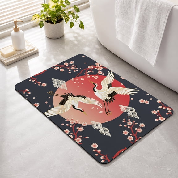 Bathroom Rugs Cherry Blossom Crane Bath Mat Absorbent Quick Dry Bathroom Floor Mat Non Slip Rubber Japanese Style Cloud Black Bath Mats for Bathroom Bathtub Shower Sink Home Decor 16" x 24"