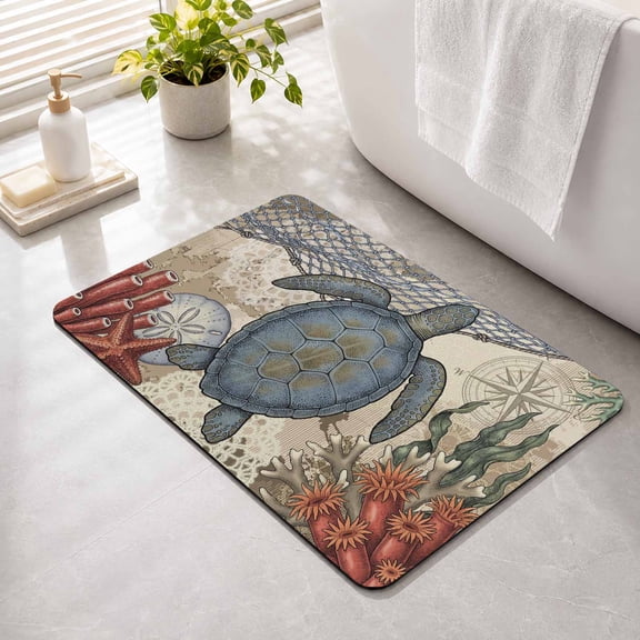 Bathroom Rugs Coastal Turtle Bath Mat Absorbent Quick Dry Bathroom Floor Mat Non Slip Rubber Nautical Compass Starfish Coral Reef Bath Mats for Bathroom Bathtub Shower Sink Home Decor 16" x 24"