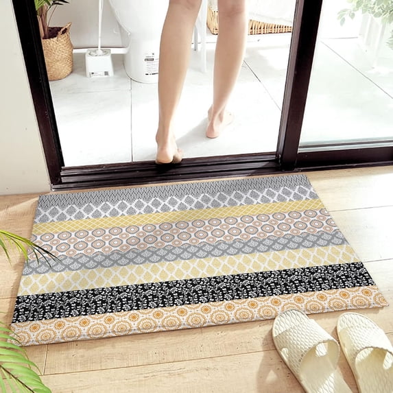 Bathroom Rugs Door Mat Boho Geometric Floral Stripe Ethnic Yellow Grey Soft Plush Microfiber Carpet Washable Entryway Rugs Indoor Non-Slip Highly Absorbent Floor Mats 36X24In