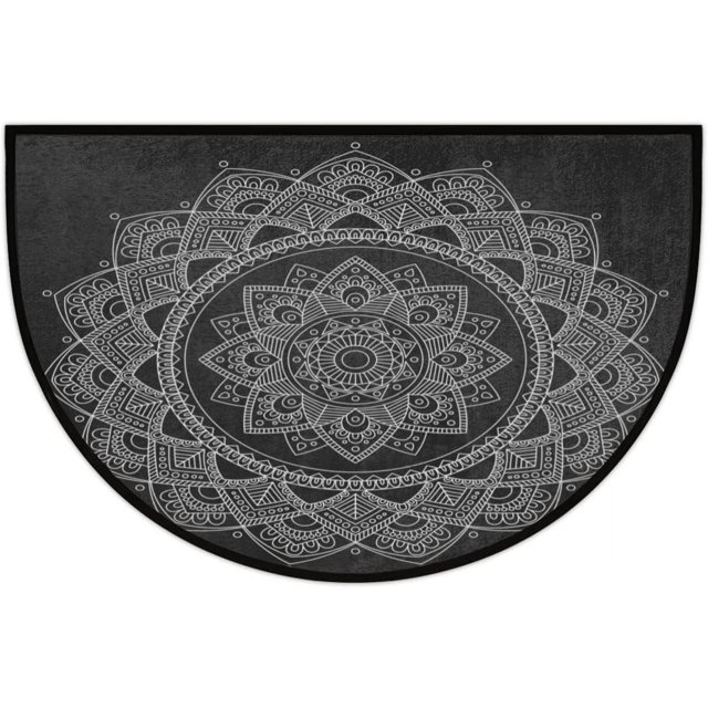 Bathroom Rugs Ethnic Mandala Flower Half Round Door Mat, Black