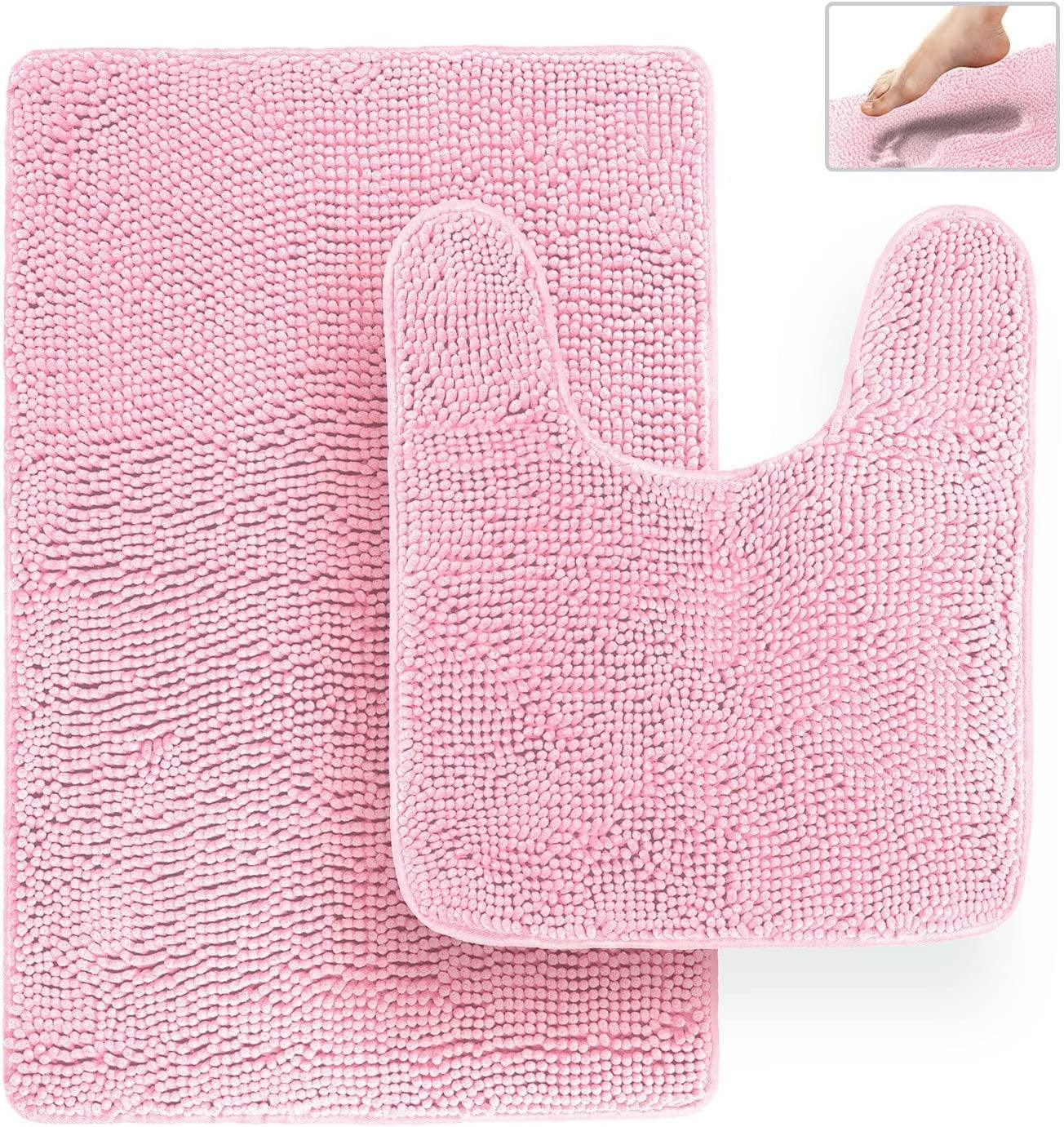 Bathroom Rugs, Extra-Thick Memory Foam Bath Mat, Ultra-Soft Chenille Microfiber, Highly Absorbent, Machine Washable, Shaggy Bath Mats for Bathroom, Circular Cutout (21x32 + 20x22, 2pcs) Lt Pink