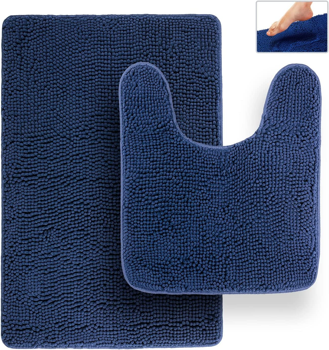 Bathroom Rugs, Extra-Thick Memory Foam Bath Mat, Ultra-Soft Chenille Microfiber, Highly Absorbent, Machine Washable, Shaggy Bath Mats for Bathroom, Circular Cutout (21x32 + 20x22, 2pcs) Navy