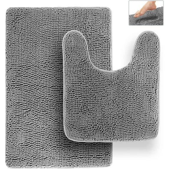 Bathroom Rugs, Extra-Thick Memory Foam Bath Mat, Ultra-Soft Chenille Microfiber, Highly Absorbent, Machine Washable, Shaggy Bath Mats for Bathroom, Circular Cutout (21x32 + 20x22, 2pcs) Grey