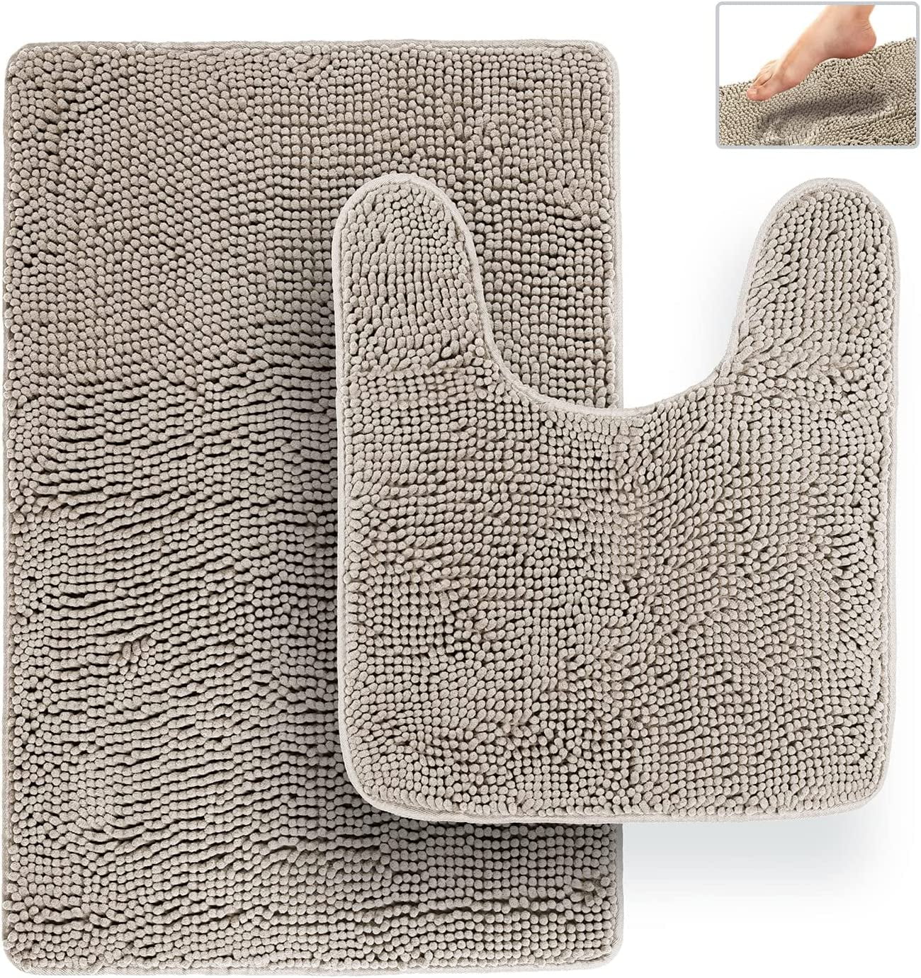 Bathroom Rugs, Extra-Thick Memory Foam Bath Mat, Ultra-Soft Chenille Microfiber, Highly Absorbent, Machine Washable, Shaggy Bath Mats for Bathroom, Circular Cutout (21x32 + 20x22, 2pcs) Beige