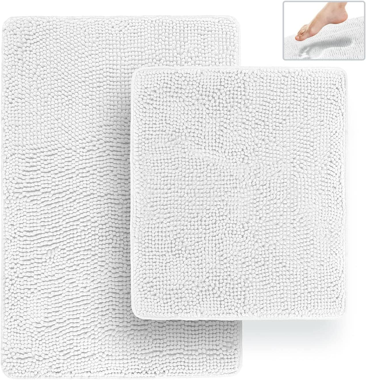 Bathroom Rugs, Extra-Thick Memory Foam Bath Mat, Ultra-Soft Chenille Microfiber, Highly Absorbent, Machine Washable, Shaggy Bath Mats for Bathroom, Non-Slip (21x32 + 20x22, 2pcs) White