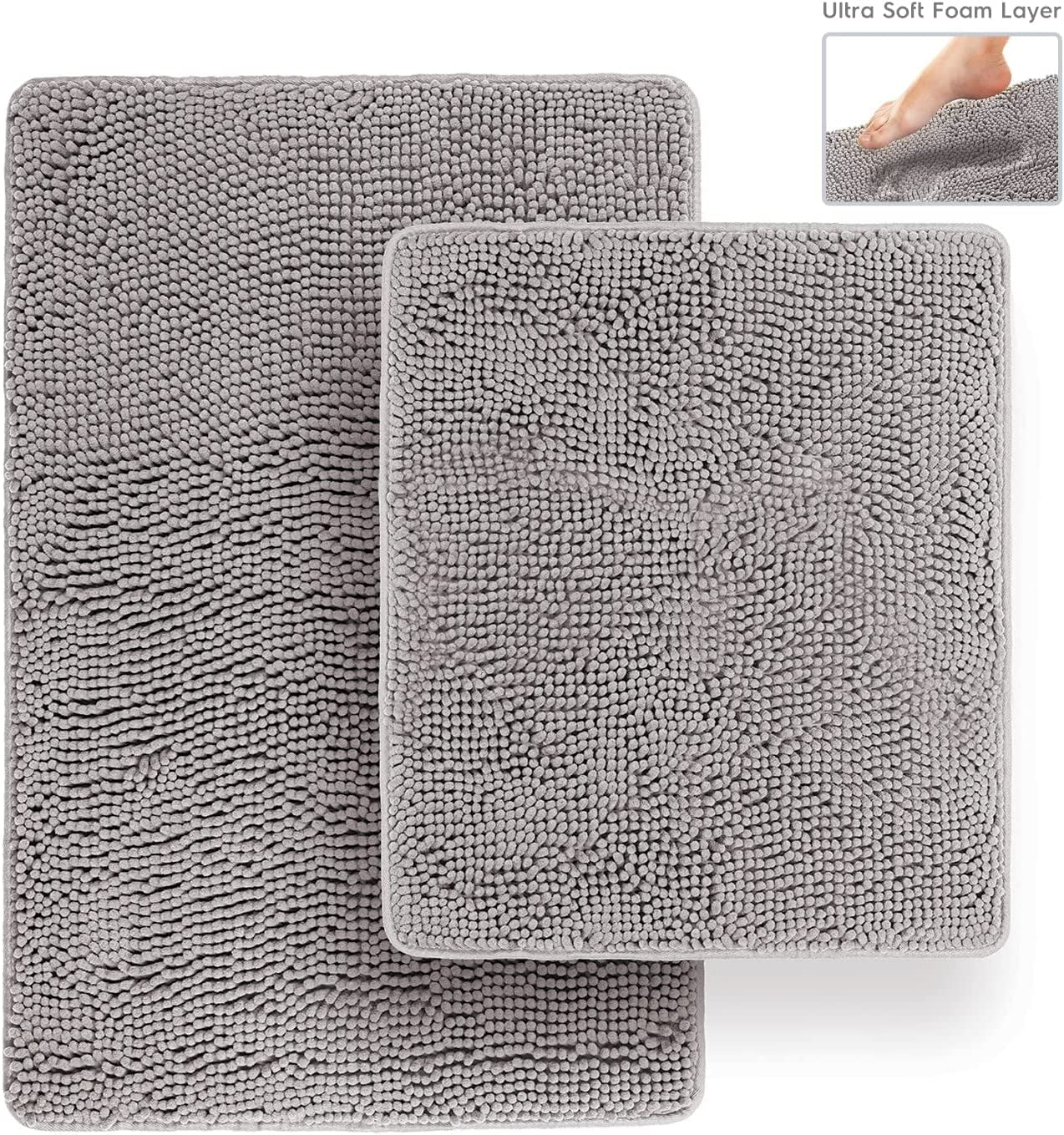 Bathroom Rugs, Extra-Thick Memory Foam Bath Mat, Ultra-Soft Chenille Microfiber, Highly Absorbent, Machine Washable, Shaggy Bath Mats for Bathroom, Non-Slip (21x32 + 20x22, 2pcs) Lt Grey