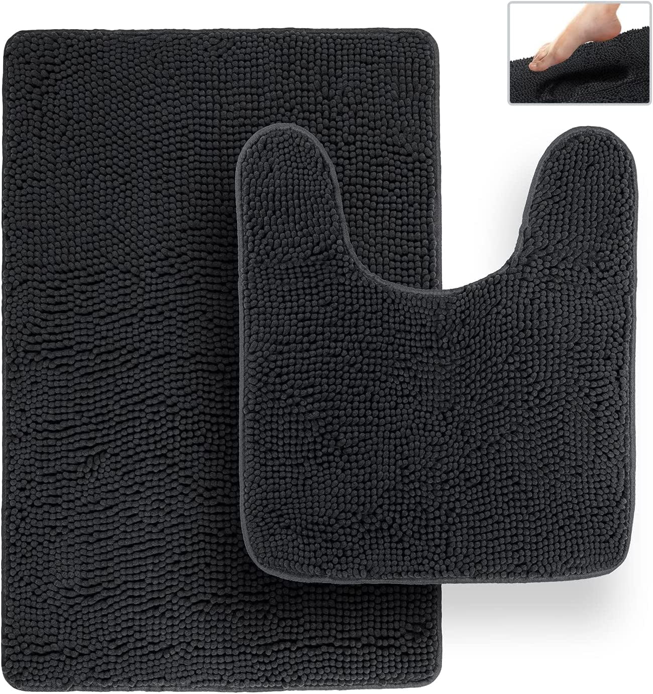 Bathroom Rugs, Extra-Thick Memory Foam Bath Mat, Ultra-Soft Chenille Microfiber, Highly Absorbent, Machine Washable, Shaggy Bath Mats for Bathroom, Rectangle Cutout (21x32 + 20x22, 2pcs) Black
