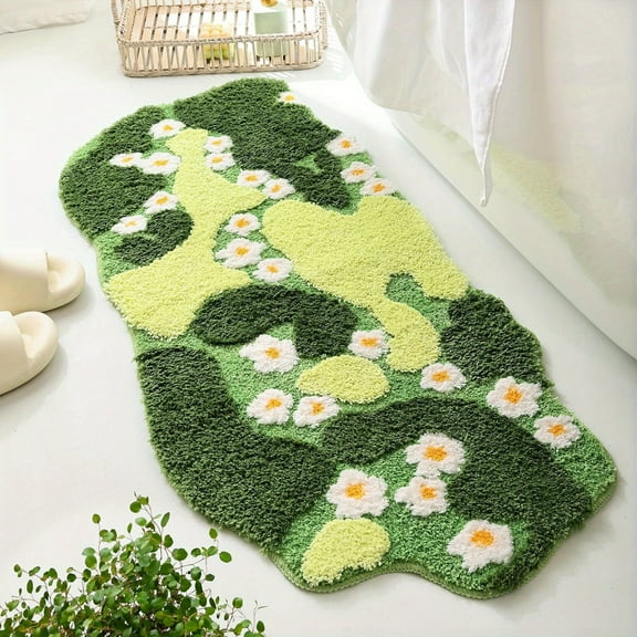 Bathroom Rugs Green Bath Mat Cute Moss Rug with Small White Flowers Non Slip Door Mat for Bedroom and Kitchen Soft Washable Rug Floral Bath Mats (43x20 inch)