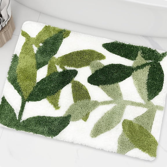 MY Bathroom Rugs - Green Bath Rug Non Slip Back Water Aabsorbent Leaves Plush Microfiber Small Bathroom Rug Leaf Shower Mat Cute Green Bath Mat Doormat 17.5 X 25.5 in