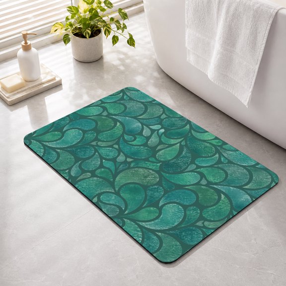 Bathroom Rugs Green Swirling Paisley Droplets Bath Mat Absorbent Quick Dry Bathroom Floor Mat Non Slip Rubber Watery Spots Bath Mats for Bathroom Bathtub Shower Sink Home Decor 16" x 24"