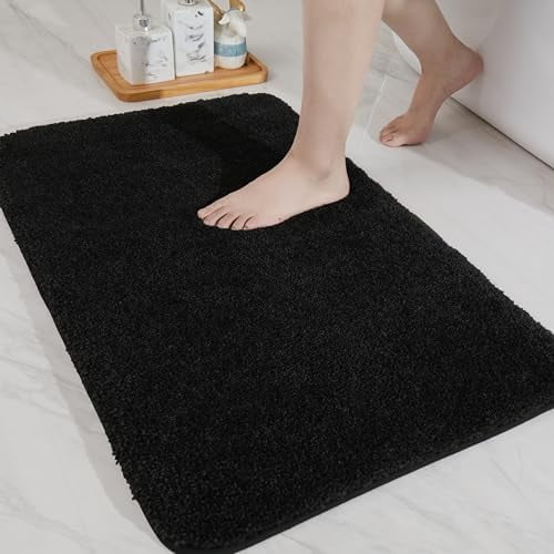 Bathroom Rugs Mat 24”x36” Absorbent Non-Slip Bath Mat Plush Shaggy Machine Washable Bath Rugs Soft Polyester Bath Mats for Bathroom Floor,Tub and Shower,Black