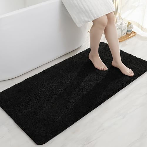 Bathroom Rugs Mat 24”x48” Absorbent Non-Slip Bath Mat Plush Shaggy Machine Washable Bath Rugs Soft Polyester Bath Mats for Bathroom Floor,Tub and Shower,Black