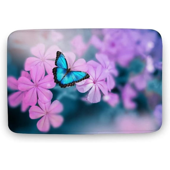 Bathroom Rugs Mat Blue Butterfly on Pink-Violet Flowers Spring Florals 18 X 30 in Bath Rugs Absorbent Soft Non Slip Shower Mats for Bathroom Kitchen Diningng Office