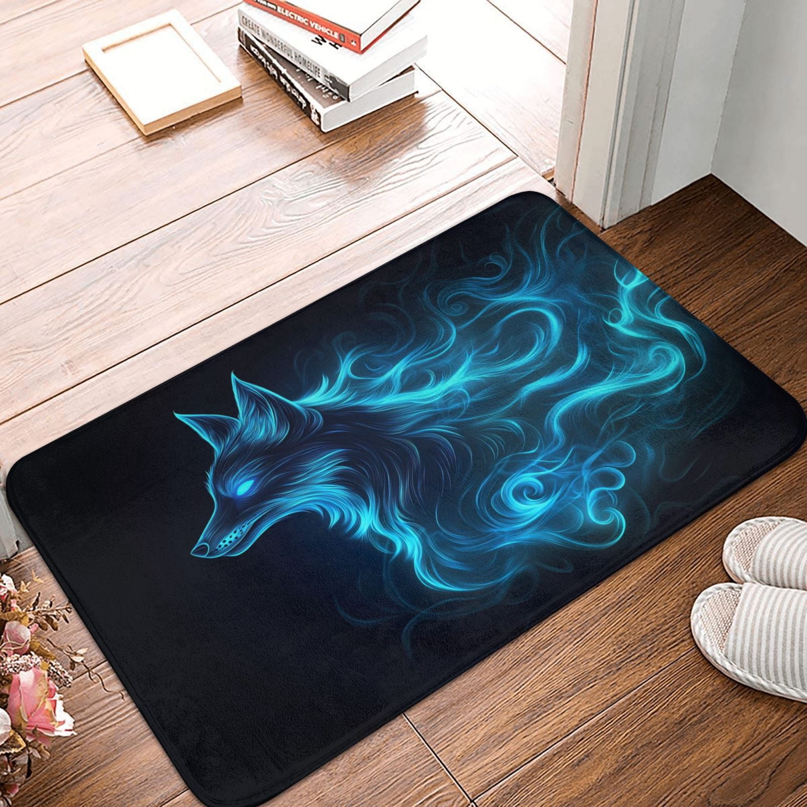 Bathroom Rugs Mat, Blue Flame Fox Entryway Indoor Door Mat Kitchen