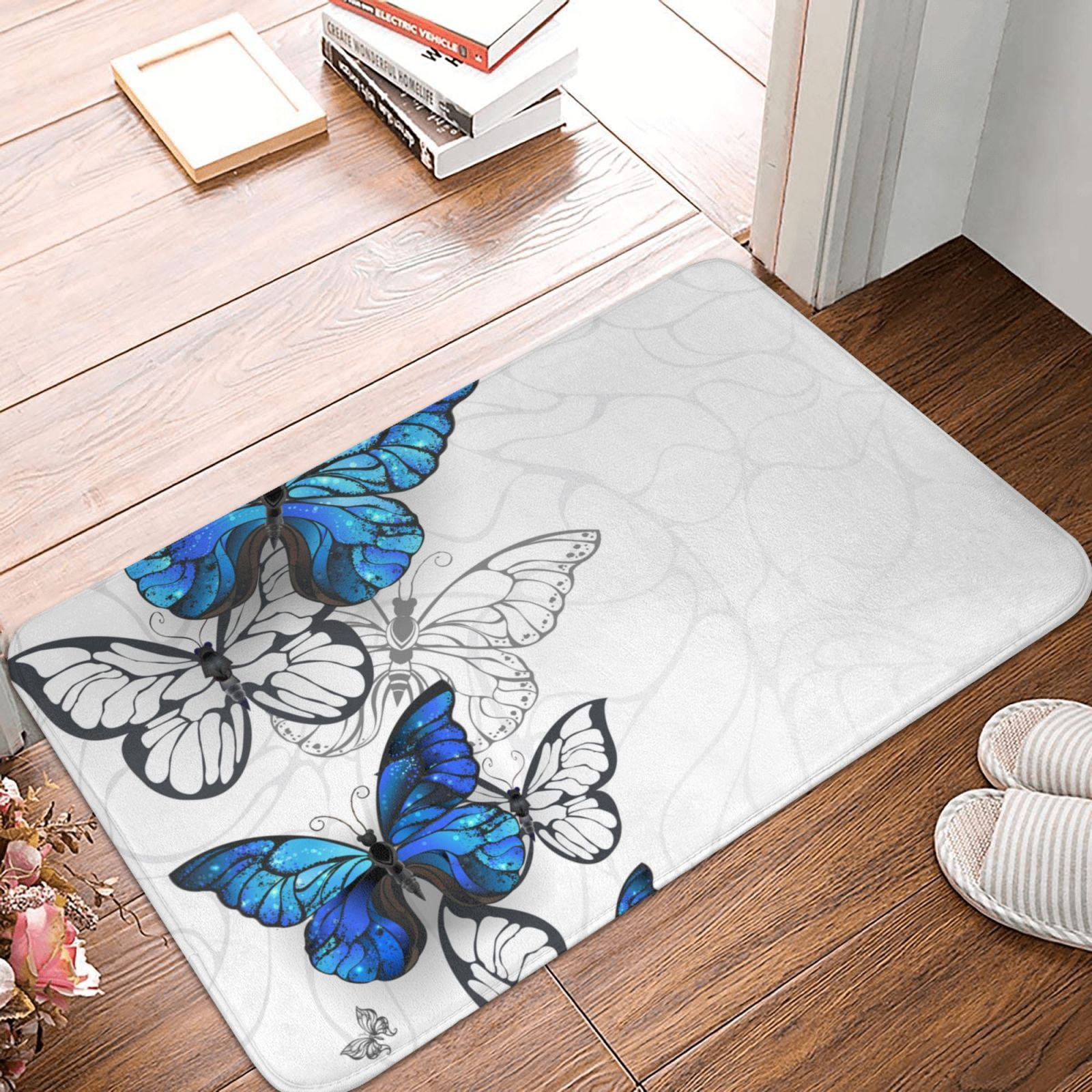 Bathroom Rugs Mat, Blue Flying Butterflies Entryway Indoor Door Mat