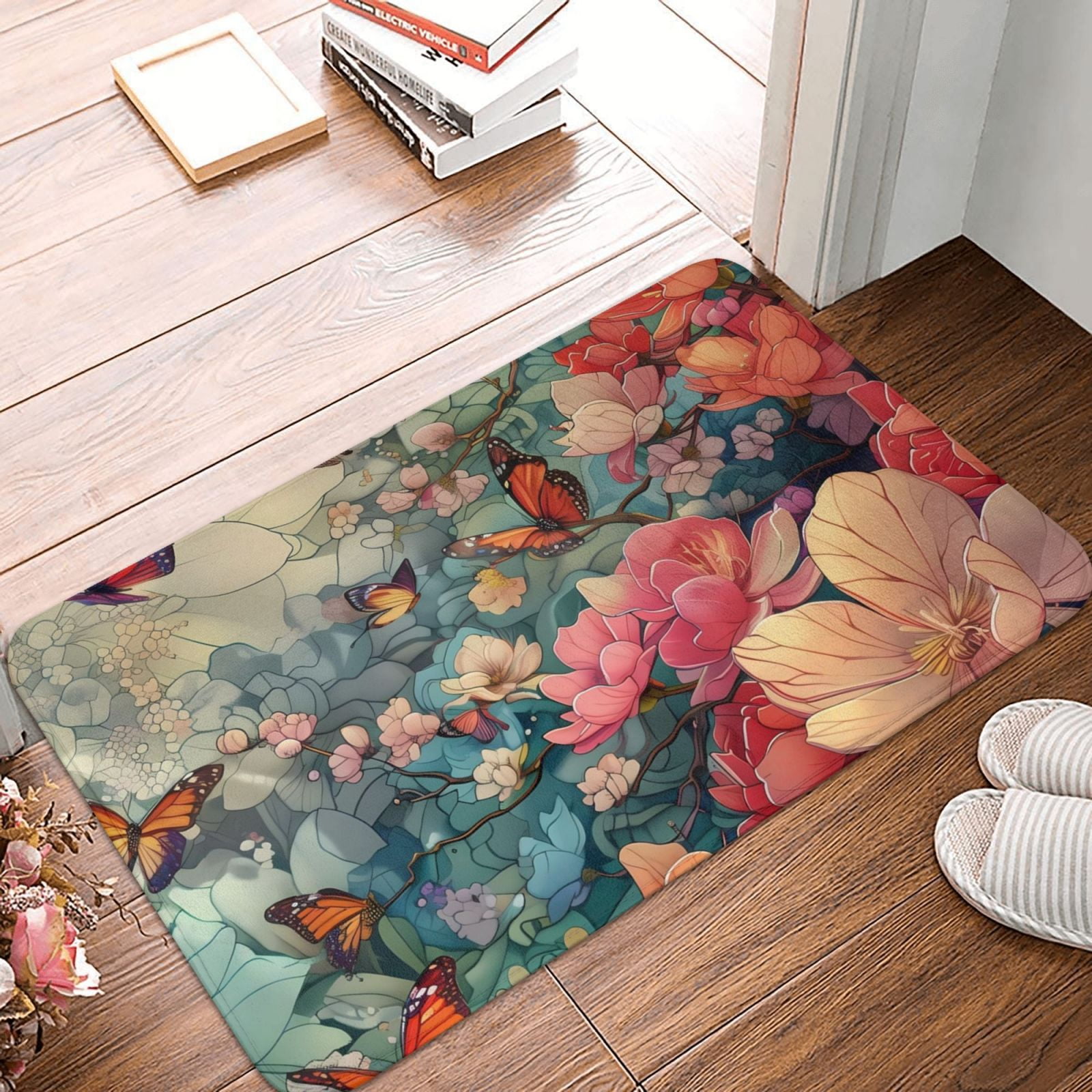 Bathroom Rugs Mat Butterflies In Blooming Garden Entryway Indoor Door