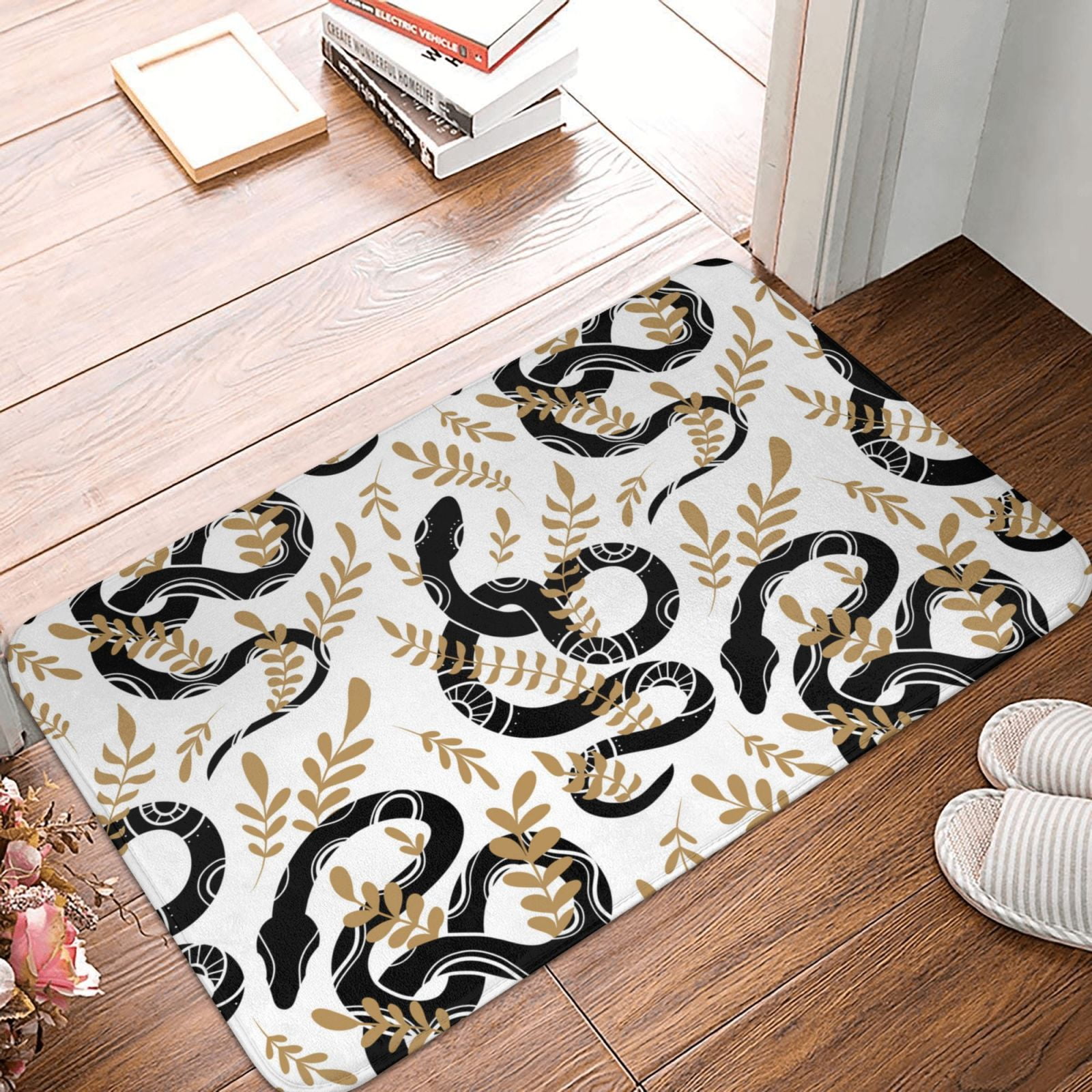 Bathroom Rugs Mat Cartoon Black Cute Snake Leaves Entryway Indoor