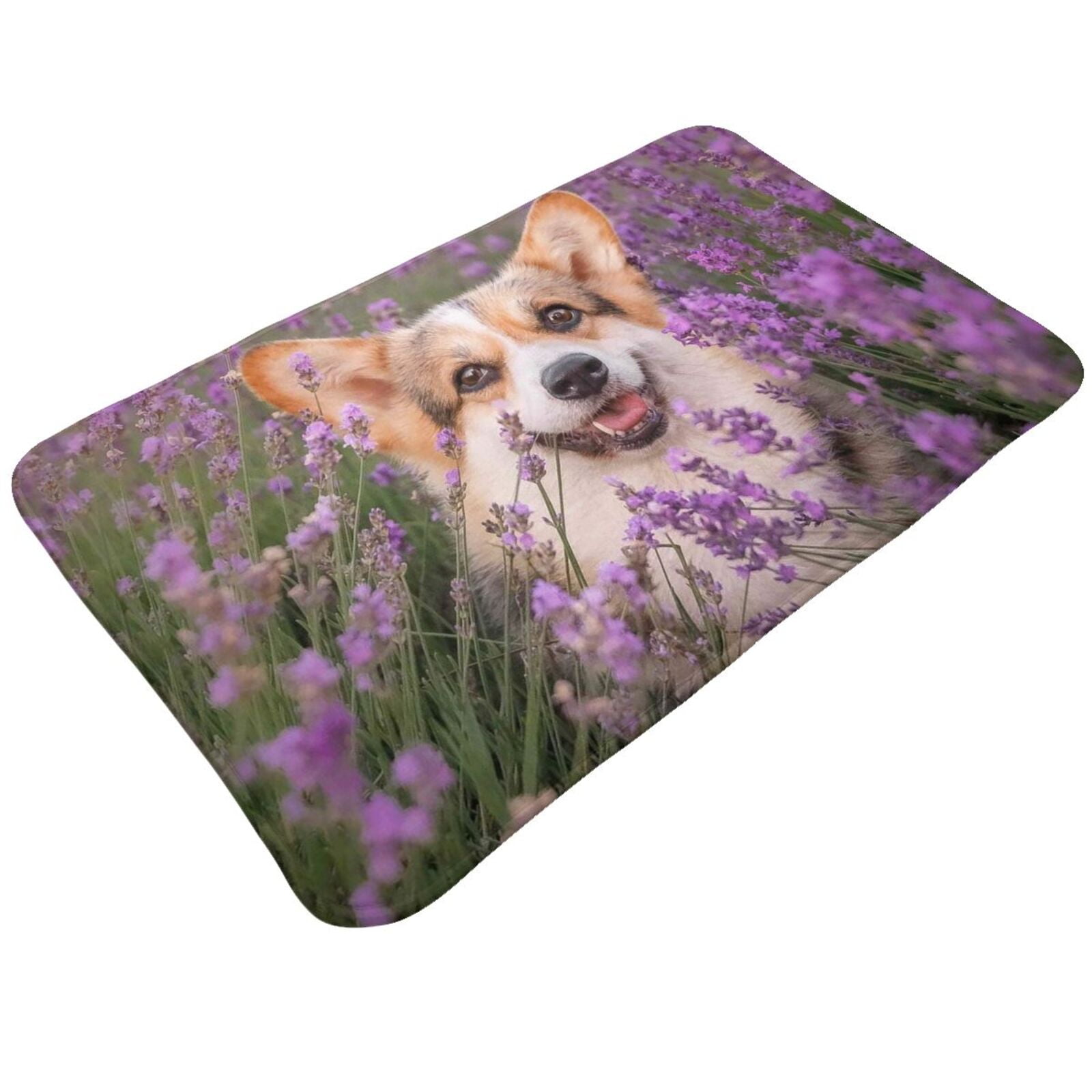 Bathroom Rugs Mat Dog in Lavender Flowers Entryway Indoor Door Mat