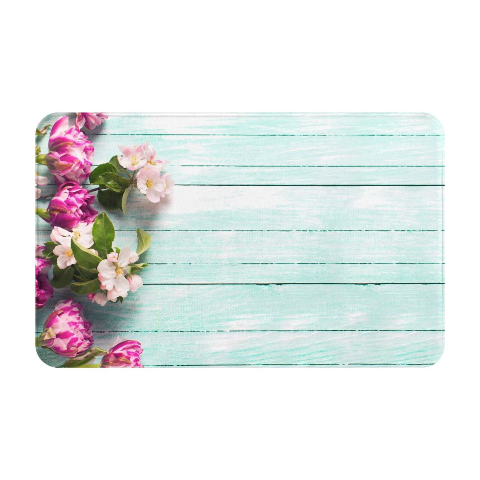 Bathroom Rugs Mat, Flowers And Turquoise Wooden Door Mats