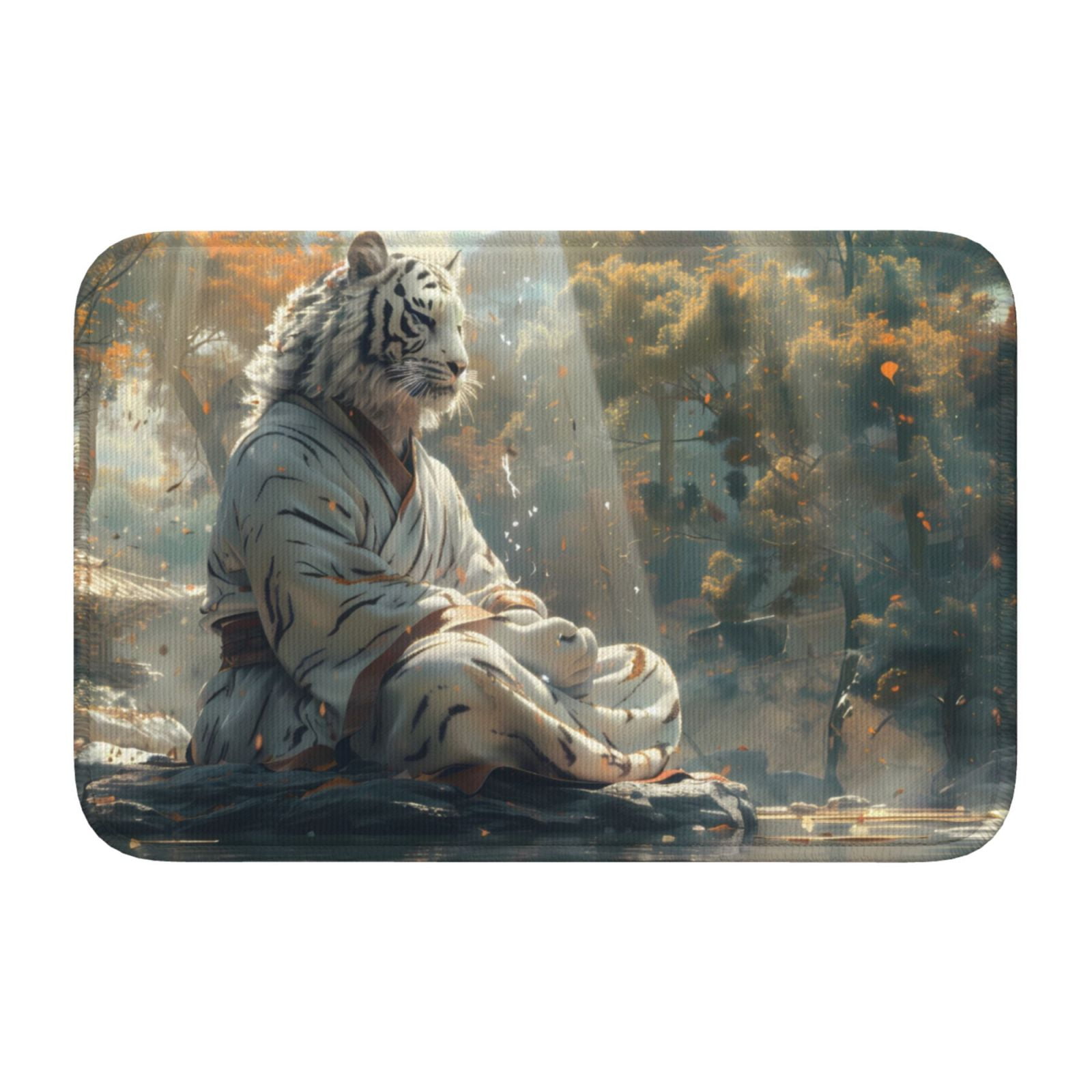 Bathroom Rugs Mat, Forest Meditating White Tiger Washable Non Slip Bath
