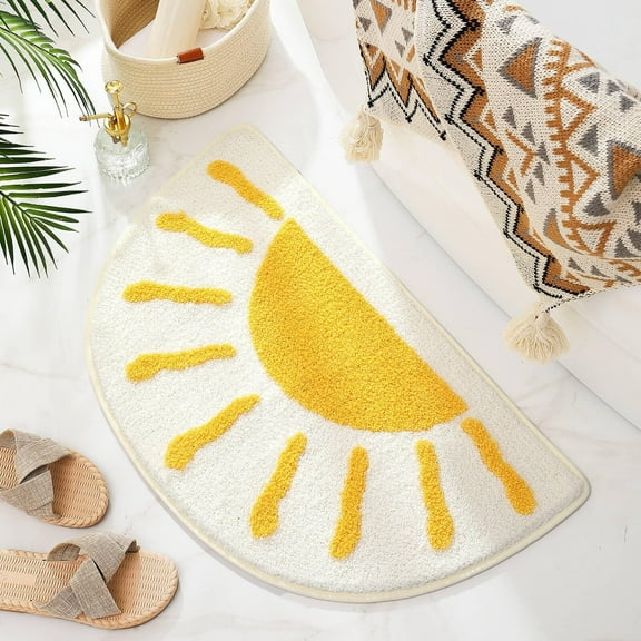 Bathroom Rugs Mat Half Circle - Cute Sun Fun White Yellow Boho Bath Mats Non Slip, Soft Absorbent Microfiber Bohemian Rug, Semi Round Machine Washable Rubber Rugs for Floor Bedroom Toilet Door Bathmat