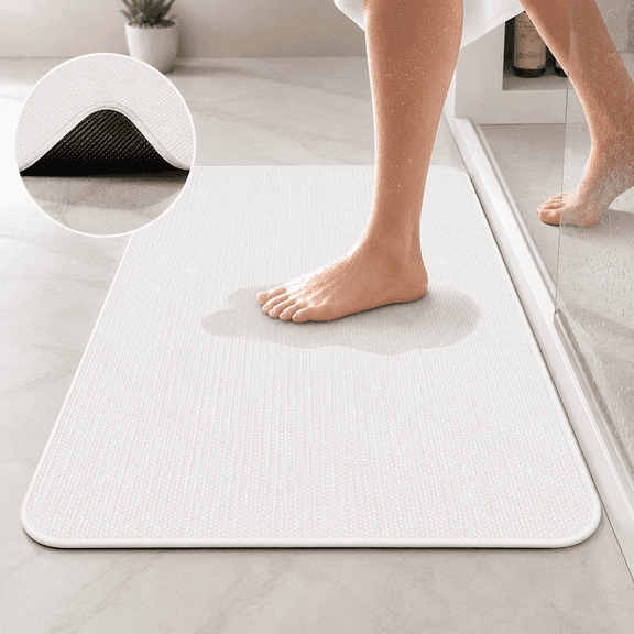 Bathroom Rugs Mat Ultra‑Thin Non‑Slip, Quick‑Dry, Super‑Absorbent Low‑Profile Bathroom Rug for Shower, Tub & Sink, Machine‑Washable Indoor Door Mat, 32" x 19", White