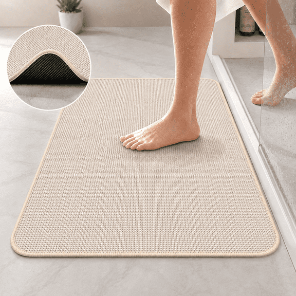 Bathroom Rugs Mat Ultra‑Thin Non‑Slip, Quick‑Dry, Super‑Absorbent Low‑Profile Bathroom Rug for Shower, Tub & Sink, Machine‑Washable Indoor Door Mat, 24" x 16", Beige