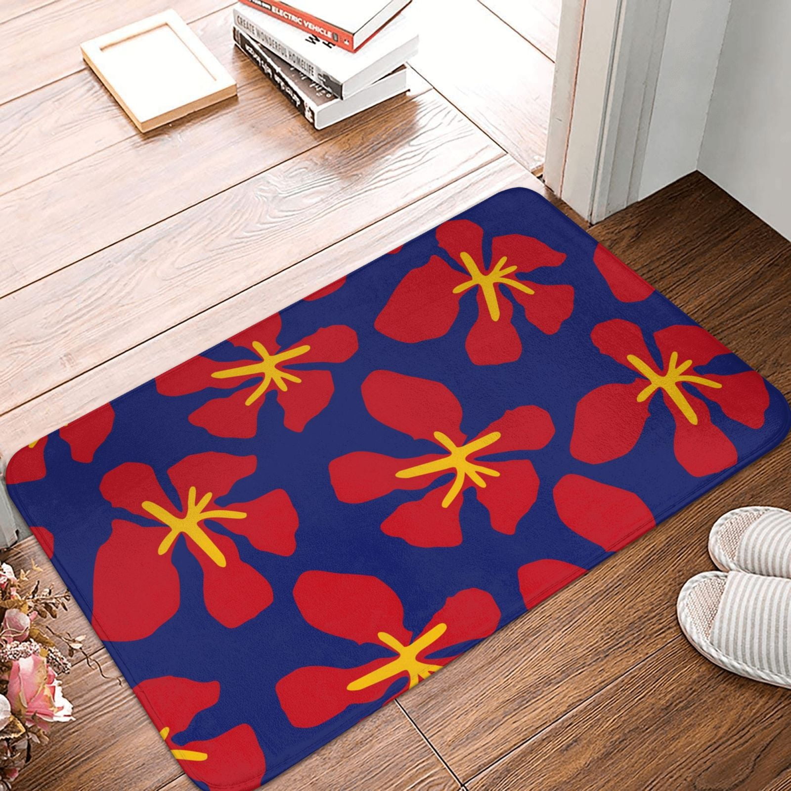 Bathroom Rugs Mat, Red Floral Entryway Indoor Door Mat Kitchen Bedroom
