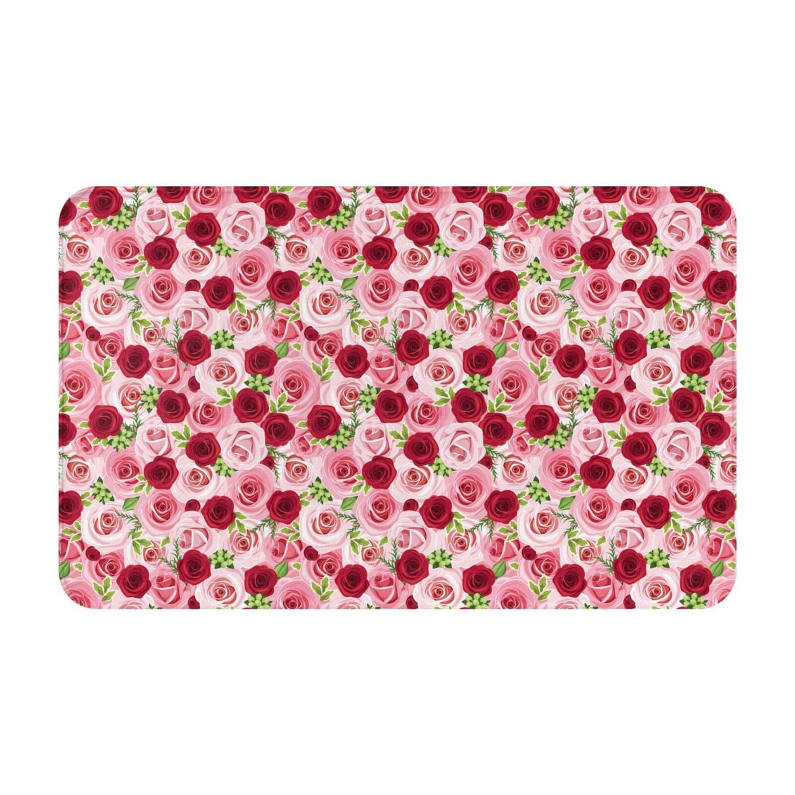 Bathroom Rugs Mat Rose Flowers Pink Red NonSlip Entryway Indoor Door