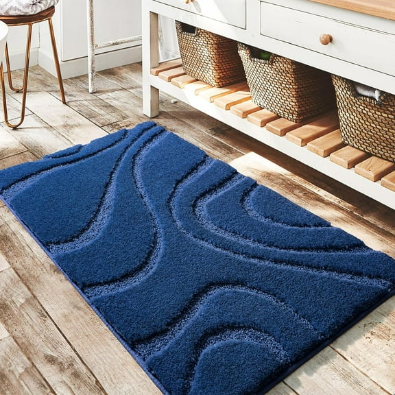 Bathroom Rugs Mat, Soft Plush Shaggy Microfiber Bath Rug Non Slip Bath Mats for Bathroom Floor Machine Washable Absorbent Carpet for Shower Tub, Navy Blue 20"x32"