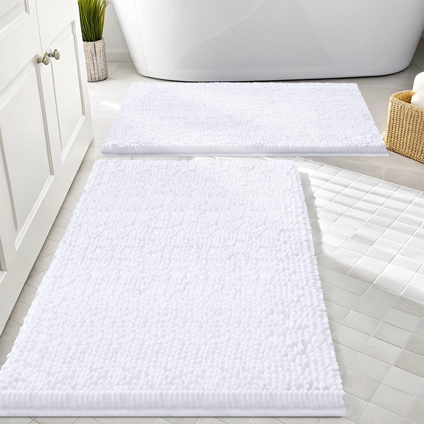 Feivea 2-Piece Chenille Bathroom Rug Set - Non-Slip, Super Absorbent Bath Mat, Machine Washable, Navy Blue