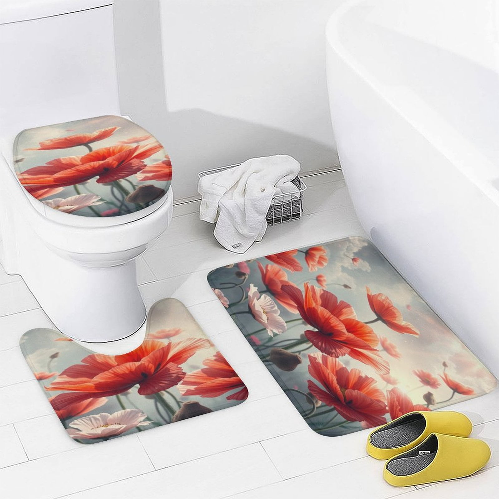 Bathroom Rugs Mats Set 3 Piece Non Slip Bath Rugs Flower Red Poppy ...