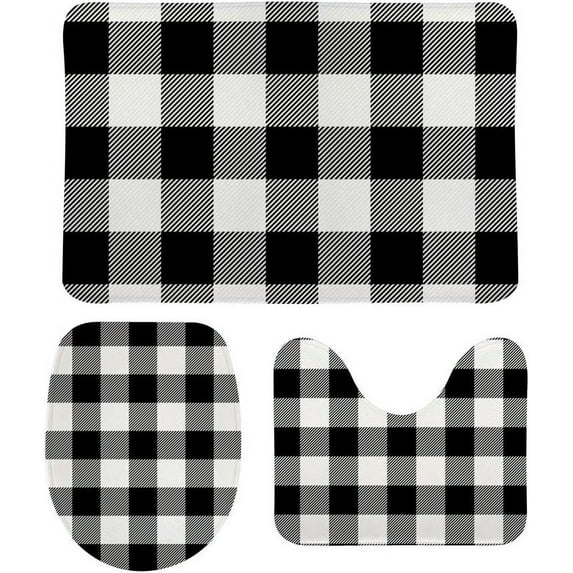 Bathroom Rugs Mats Set 3 Piece Non Slip Bath Rugs Plaid Pattern White Black Mats Absorbent Shower Rug Soft Toilet Floor Carpet Doormat Machine Washable
